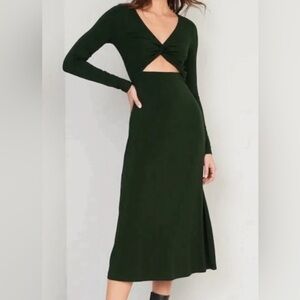 Forest green cutout midi jersey dress long sleeve